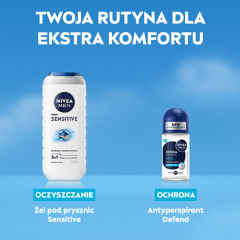 Dwa produkty NIVEA MEN: biały żel pod prysznic Sensitive i niebieski antyperspirant Derma Control Defend. Rutyna dla komfortu.