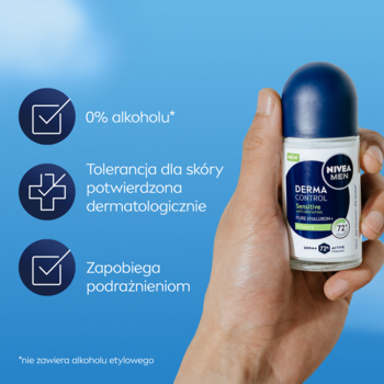 Męski antyperspirant NIVEA MEN Derma Control roll-on w dłoni, z napisami o 0% alkoholu i 72h ochronie.