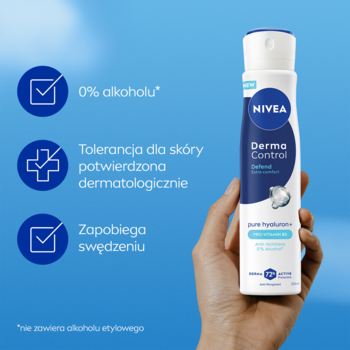 NIVEA Derma Control Defend Antyperspirant spray w dłoni, z napisami: 0% alkoholu, zapobiega swędzeniu, potwierdzony dermatologicznie.