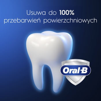 Biały ząb 3D z logo Oral-B, podświetlony, z tekstem o usuwaniu przebarwień. Symbol wybielania zębów.