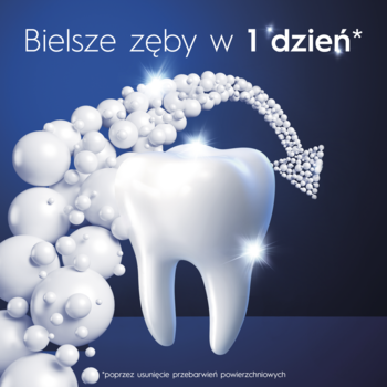 Oral-B Pro-3D White Clinical: cyfrowa grafika z białym zębem i usuwającymi przebarwienia drobinkami, napis 'Bielsze zęby w 1 dzień'.