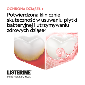 Listerine Professional Ochrona Dziąseł+. Ilustracja usuwania płytki i zdrowych dziąseł z cynkiem.
