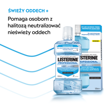 Listerine Professional Świeży Oddech+ płyn do płukania ust 500ml z opakowaniem, widok z przodu, na tle fal.