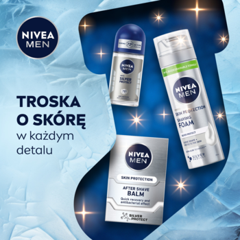 Zestaw NIVEA MEN Silver Control: pianka do golenia, balsam i roll-on na tle niebieskiego wzoru z gwiazdkami.