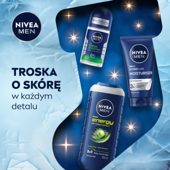 Zestaw NIVEA MEN: antyperspirant, żel pod prysznic, krem do twarzy na błękitnym tle w kształcie skarpety świątecznej.