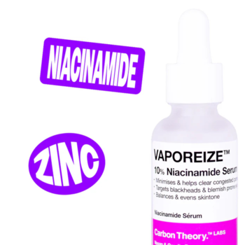 Serum Carbon Theory VAPOREIZE 10% Niacinamide, 1% Zinc, biała butelka z zakraplaczem i fioletowe etykiety.