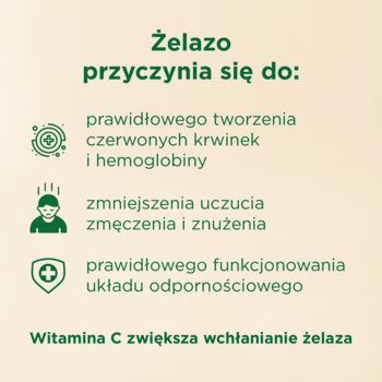 Infografika Möllers Żelazo + Witamina C na beżowym tle: wsparcie tworzenia krwi, odporności, mniej zmęczenia.