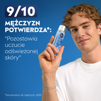 Uśmiechnięty mężczyzna z esencją NIVEA MEN Hydro Care. Tekst: "9/10 potwierdza odświeżoną skórę", butelka widoczna.
