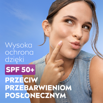 Młoda kobieta zamyślona, patrzy w górę. Tekst: NIVEA LUMINOUS630 Fluid SPF 50+ na przebarwienia.