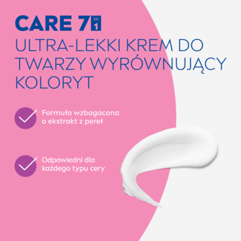 NIVEA CARE 7w1 Ultralekki krem do twarzy wyrównujący koloryt, z perłami. Widoczny swirl białego kremu na tle różowej fali.