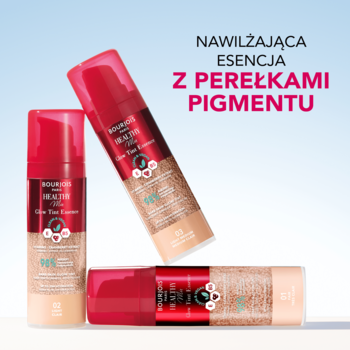 Trzy butelki Bourjois Healthy Mix Glow Tint Essence z perełkami pigmentu, jasnobeżowa, dynamiczne ułożenie na jasnym tle.