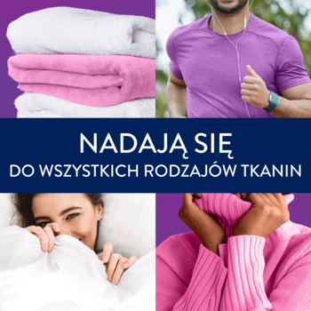 Kolaż perełek zapachowych Lenor Floral Bouquet: białe i różowe ręczniki, biegacz, kobieta w pościeli, osoba w swetrze. Napis: do wszystkich tkanin.