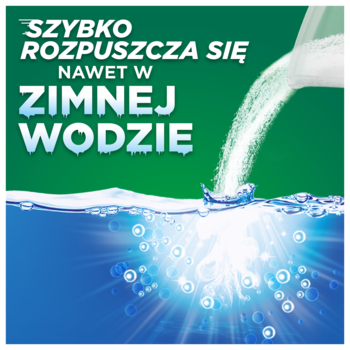 Grafika Ariel Fast Dissolving proszek rozpuszcza się w zimnej wodzie, proszek wsypywany do niebieskiej wody.