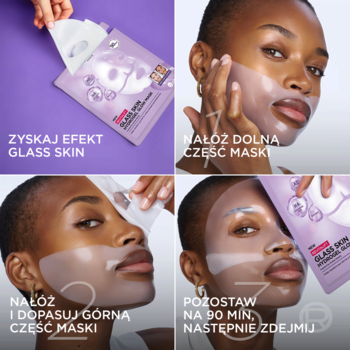 Instrukcja aplikacji hydrożelowej maski Glass Skin w 4 krokach: od opakowania do nałożenia na twarz.