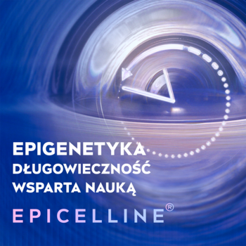Grafika: EPIGENETYKA, DŁUGOWIECZNOŚĆ WSPARTA NAUKĄ, EPICELLINE®. Niebiesko-fioletowe tło, wir, ikona zegara.