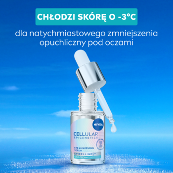 Odmładzające serum pod oczy NIVEA Cellular Epigenetics z pipetą, chłodzące o -3°C, na błękitnym tle.