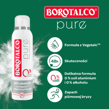 Biały dezodorant Borotalco Pure z infografiką 48h skuteczności i 0% soli aluminium na zielonym tle.