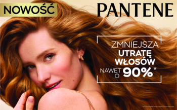 Reklama Pantene: kobieta z długimi włosami, napis 'Zmniejsza utratę włosów nawet o 90%', maska przeciw wypadaniu.