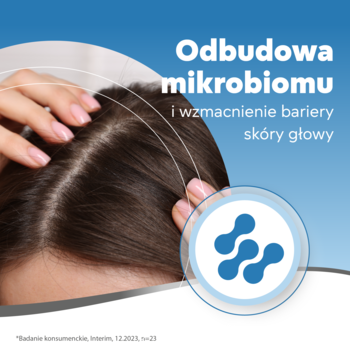 Nizoral Daily Care szampon: zbliżenie na skórę głowy, napis o odbudowie mikrobiomu i wzmocnieniu bariery.