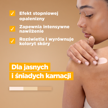 Mixa Bright & Bronze balsam samoopalający. Kobieta aplikuje produkt na ramię, dla jasnych i śniadych karnacji.