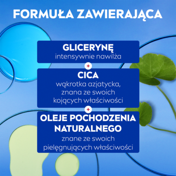 Grafika serum-balsamu: gliceryna (nawilża), cica (koi), naturalne oleje (pielęgnują). Odnowa suchej skóry.