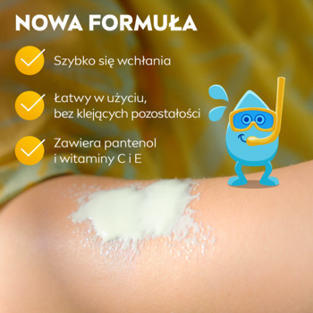 NIVEA SUN KIDS SPF50+, nowa formuła. Krem na skórze, tekst o szybkim wchłanianiu, pantenolu i witaminach.