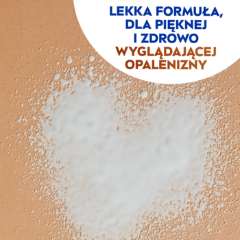 Rozsypany biały puder na beżowym tle, z hasłem "Lekka formuła" NIVEA SUN Protect & Bronze SPF 50 dla opalenizny.