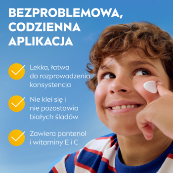 Uśmiechnięte dziecko aplikuje NIVEA SUN Kids SPF50+ balsam na twarz, z grafiką opisującą łatwość użycia i brak białych śladów.
