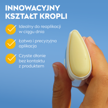 NIVEA SUN sztyft SPF50+ w kształcie kropli, trzymany w dłoni, z opisem zalet na niebieskim tle.