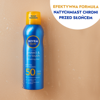 Niebieski spray NIVEA SUN Protect & Dry Touch SPF50, odświeżająca mgiełka z żółtą nakrętką na tle skóry.