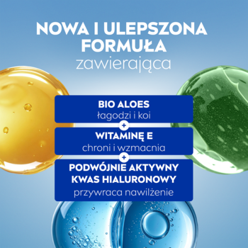 Grafika NIVEA SUN serum po opalaniu z Bio Aloesem, Witaminą E i Kwasem Hialuronowym oraz ich działaniem.