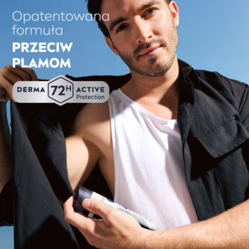 Mężczyzna z białym podkoszulkiem i czarną koszulą prezentuje antyperspirant Derma 72H Active Protection przeciw plamom.