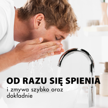 Mężczyzna spłukuje twarz w umywalce, obok kranu, tekst 'OD RAZU SIĘ SPIENIA'. Pianka do golenia Gillette Original.