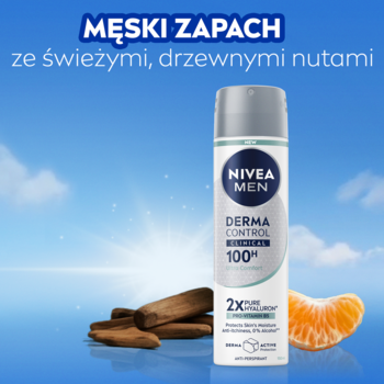 NIVEA MEN Derma Control 100h antyperspirant spray, butelka na tle słońca, drewienka i mandarynka, drzewny zapach.