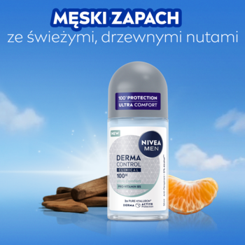 NIVEA MEN Derma Control Clinical Ultra Comfort antyperspirant w kulce, z drzewnymi nutami i mandarynką na tle nieba.