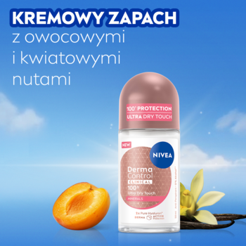 NIVEA Derma Control antyperspirant w kulce, różowa zakrętka, kremowy zapach z owocem i wanilią.