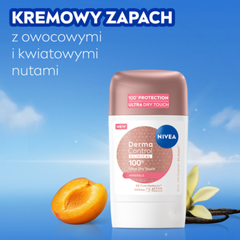 Antyperspirant NIVEA Derma Control stick, biało-różowy, kremowy zapach owoców i kwiatów, z morelą i wanilią.