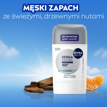 NIVEA MEN Derma Control Clinical Ultra Comfort antyperspirant w sztyfcie 100h, z drewnem i mandarynką symbolizującymi drzewny zapach.