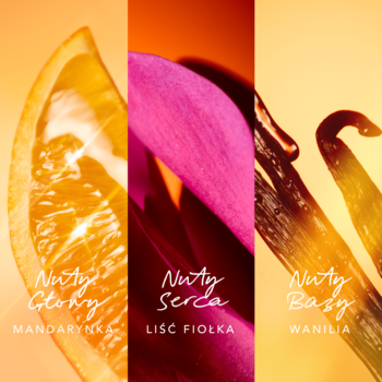 MEXX Inspired Glow: Nuty Głowy (mandarynka), Serca (liść fiołka), Bazy (wanilia) w trzech pionowych panelach.