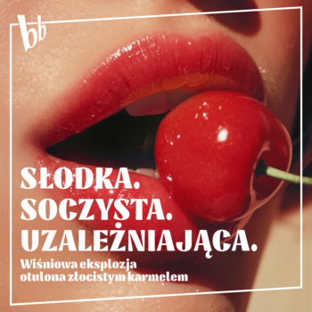 Mgiełka Pop my Cherry: błyszczące, czerwone usta z wiśnią. Napis o słodkiej, uzależniającej, wiśniowej eksplozji z karmelem.