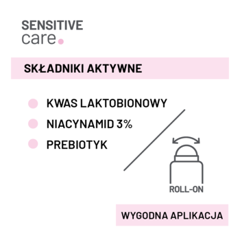 Nivelazione Sensitive Care: aktywne składniki dezodorantu w kulce – kwas laktobionowy, niacynamid 3%, prebiotyk.