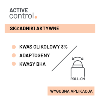 Infografika Nivelazione Active Control: Składniki aktywne (kwas glikolowy 3%, adaptogeny, BHA), aplikacja roll-on.