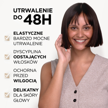 Uśmiechnięta kobieta z idealnie ułożonymi krótkimi włosami. Produkt gwarantuje 48h utrwalenie, dyscyplinę, ochronę.