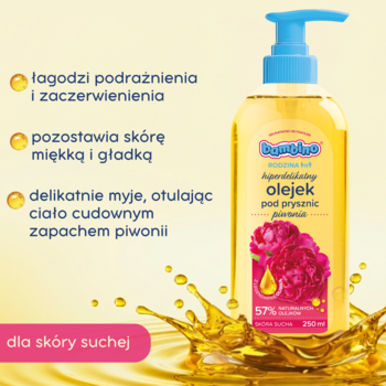 Bambino hiperdelikatny olejek pod prysznic Piwonia, złoty płyn w przezroczystej butelce z pompką, widok z przodu.