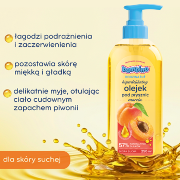 Bambino Morela olejek pod prysznic 250ml dla skóry suchej. Butelka z pompką na tle oleju, z tekstami o ukojenieniu.