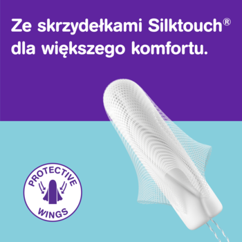 Biały tampon o.b.® ExtraProtect bez aplikatora z innowacyjnymi skrzydełkami SilkTouch, na tle fioletu i błękitu.