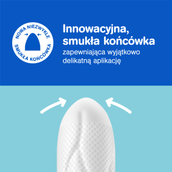 Zbliżenie na innowacyjną, białą końcówkę tamponu o.b. ProComfort ze strzałkami, dla delikatnej aplikacji.