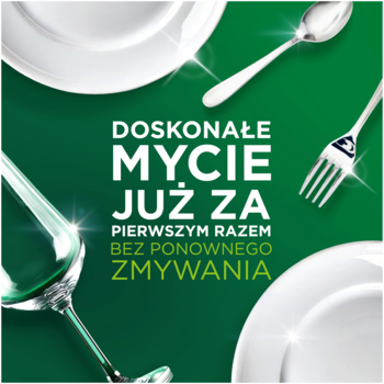 Fairy Original All In One Cytryna kapsułki do zmywarki: czyste naczynia, sztućce na zielonym tle, hasło 'DOSKONAŁE MYCIE'.
