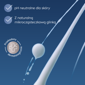 Biała emulsja na niebieskim tle, z ikonami cech: pH neutralne dla skóry, naturalna glinka, dermatologicznie przebadane.