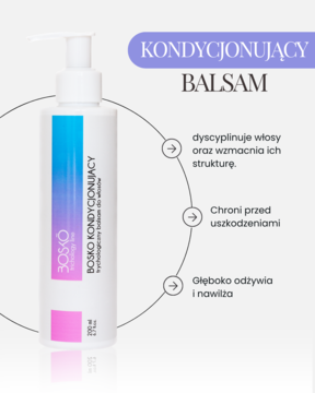Bosko kondycjonujący balsam do włosów w białej butelce z pompką, widok z przodu, różowo-fioletowa etykieta.